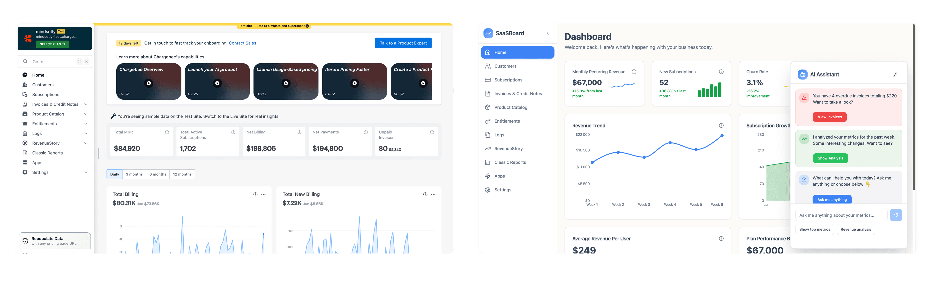 Before / After: original Chargebee vs new dashboard with AI assistant