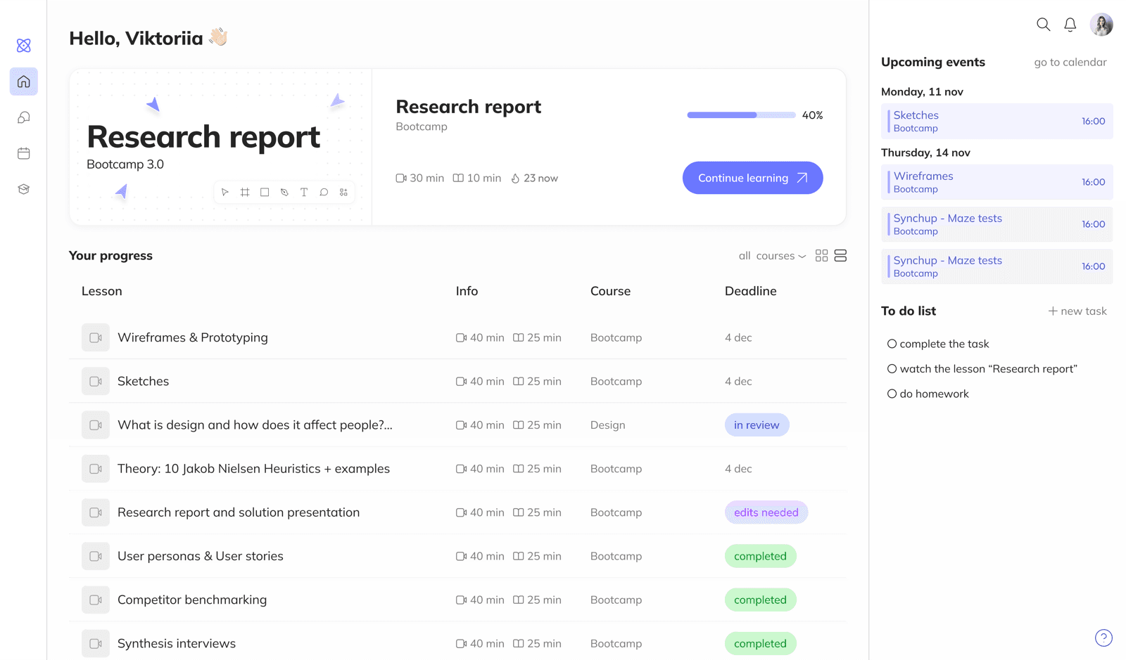 Dashboard, schedule and assignments