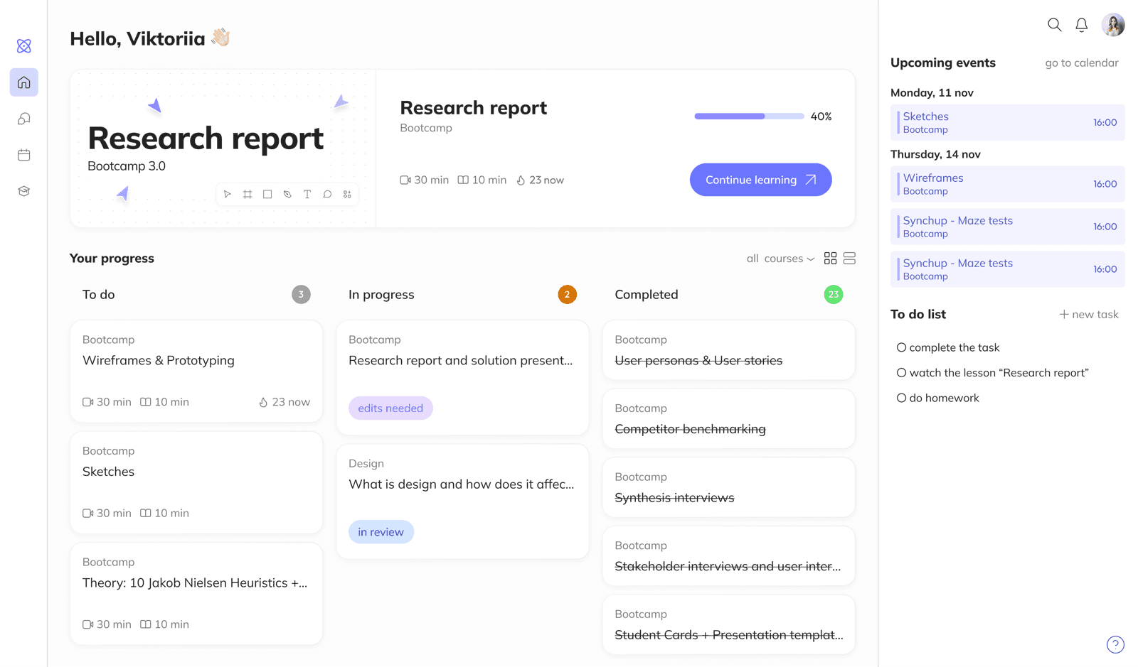 Dashboard, student home screen