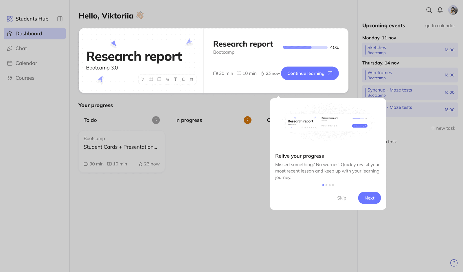Onboarding, resuming progress